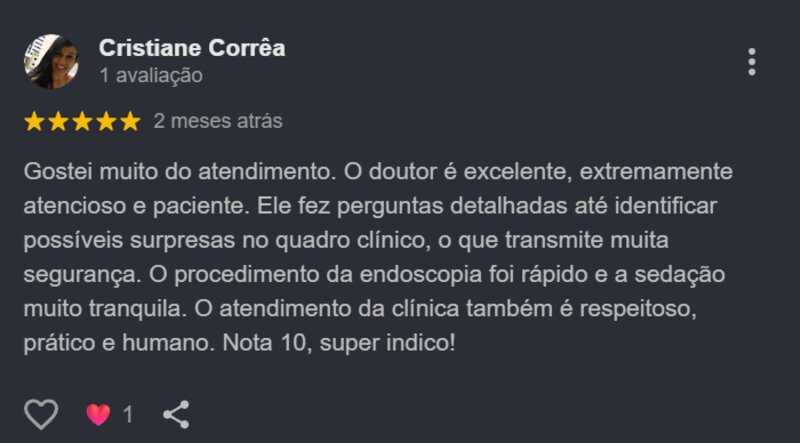 Avaliação de Cristiane Corrêa no Google, 5 estrelas